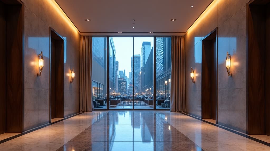 Hotel lobby with a tall tinted glass wall at dusk